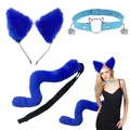 Blaues flauschiges Katzenohr Stirnband und Plüschschwanz Set mit Glocken Choker Cosplay - Stirnband Schwanz und Halsband Set / Dreiteiliges Set / Blau