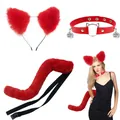 Rotes flauschiges Katzenohr-Stirnband mit Fuchsschwanz und Halsband für Cosplay - Stirnband Schwanz und Halsband Set / Dreiteiliges Set / Rot