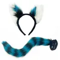 Turquoise and black striped faux fur wolf ears headband and matching tail cosplay set - Headband and Tail / Blue & White