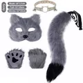 Grey furry wolf mask and tail cosplay accessories set with collar and paw gloves - Grey 4-Piece Set