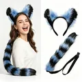 Blue and black faux fur fox wolf ears headband and matching striped tail for cosplay - 2-Piece Set / Black Blue