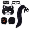 Black and white furry fox mask, tail, gloves and bell collar cosplay set - Fox/Cat 4-Piece Set (Mask + Tail + Gloves + Collar) / Black and White