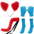 Rotes Plüsch-Katzenohr-Stirnband und Schwanz-Kostümset mit blauen Strickhandschuhen - Stirnband Schwanz Handschuhe und Socken Set / 4-teiliges Set / Rot