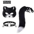 Black and white furry cat mask, tail, and bell choker cosplay accessory set - Fox/Cat 3-Piece Set (Mask + Tail + Collar) / Black and White