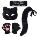 Black furry cat cosplay set with mask tail and paw gloves for Halloween - Fox/Cat 3-Piece Set (Mask + Tail + Gloves) / Black Pink