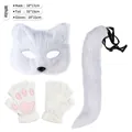 Professional white faux fur fox cosplay set including mask tail and plush paw gloves - Fox/Cat 3-Piece Set (Mask + Tail + Gloves) / White Pink