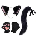 Black plush fox cat cosplay set with furry ear headband, fluffy tail, and paw gloves - Fox/Cat Headband 3-Piece Set (Headband + Tail + Gloves) / Black
