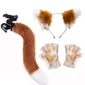 Plush fox cosplay set including orange ear headband, long tail and paw gloves - Fox/Cat Headband 3-Piece Set (Headband + Tail + Gloves) / Brown