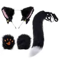 Full black furry fox cat ears tail and paw set for Halloween cosplay costume party - Long Fur Paws Headband 3-Piece Set (Headband + Tail + Gloves) / Black