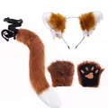 Brown furry fox ear headband with matching tail and paw gloves for Halloween cosplay - Long Fur Paws Headband 3-Piece Set (Headband + Tail + Gloves) / Brown