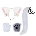 White faux fur fox ears headband tail and paw gloves set for Halloween party cosplay - Long Fur Paws Headband 3-Piece Set (Headband + Tail + Gloves) / White
