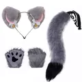 Grey furry fox ear headband tail and paw gloves set for Halloween cosplay accessories - Long Fur Gloves and Headband 3-Piece Set / Gray