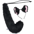 Plush black fox cat ears headband and fluffy tail set for Halloween cosplay costume - Black Curved Tail 2-Piece Set (Headband & Tail)