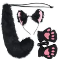 Plush black and pink fox cat ears headband with matching tail and paw gloves set - Black Curved Tail Headband 3-Piece Set (Headband, Tail & Gloves)