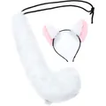 White fluffy plush fox cat ears headband with matching long tail cosplay costume set - White Curved Tail 2-Piece Set (Headband & Tail)