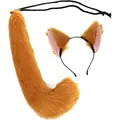 Premium orange faux fur fox cat ears headband and tail costume set for Halloween cosplay - Brown Curved Tail 2-Piece Set (Headband & Tail)