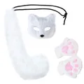 White faux fur fox cosplay set featuring a plush mask long tail and pink paw gloves - White Curved Tail Mask 3-Piece Set (Mask, Tail & Gloves)