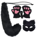 Black furry cat cosplay set with long tail, paw gloves and plush mask for Halloween - Black Curved Tail Mask 3-Piece Set (Mask, Tail & Gloves)