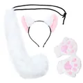 Fluffy white fox cat ears headband plush tail and paw gloves set for Halloween cosplay costume - White Curved Tail Headband 3-Piece Set (Headband, Tail & Gloves)