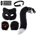 Complete black fur cat cosplay set including mask, tail, paw gloves and heart choker - 4-Piece Set (With Collar) / Black