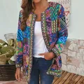 Detailansicht des lebhaften Vintage-Ethnopfoten-Drucks auf der Damen-Strickjacke - S / Oberteile / Blau Gelbe Blumen