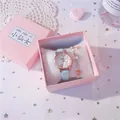 Set scatola regalo rosa con orologio da bambina azzurro con orecchie di gatto e bracciale - Set Scatola Regalo Orologio Bracciale / Cinturino blu