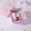 Cute pink gift box featuring a girls quartz watch with cat ears and matching moon bracelet - Watch Bracelet Gift Box Set / Coffee Strap