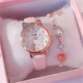 Set regalo orologio rosa orecchie di gatto e bracciale stella luna bimba - Set Scatola Regalo Orologio Bracciale / Etnico Rosa