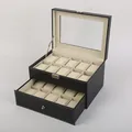 Zwarte PU-lederen horlogebox met 20 vakken en glazen venster in deksel - Dubbele Laag 20 Slots / Zwart