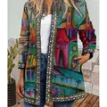Damen-Cardigan mit Retro-Ethnprint und farbenfrohem Ölgemälde-Häusermuster, Langarm. - S / Oberteile / Farbmalerei