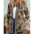 Damen Langarm-Cardigan mit Vintage-Ethno-Print-Muster im Bohème-Stil und Erdtönen - S / Oberteile / Earth Tone Geometric