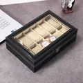 Luxe horlogedoos voor 12 horloges van zwart PU-leer met een groot helder kijkvenster - 12 Slots / Zwart