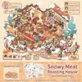Vista detallada del juego de pegatinas DIY Snowy Meat Roasting House con hojas PET y tarjetas - Casa de Barbacoa en la Nieve