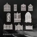 Vintage white lace PET stickers featuring ornate gate and window designs for scrapbooking. - Flowers Outside the Window / Pack of 20