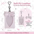 Pink heart-shaped PU leather ID card holder with detachable 3D bow and heart keychain - Pink