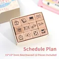 12-piece mini beechwood stamp set with various life icons for daily journaling - Daily Planner / 12 Pcs