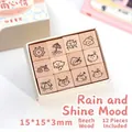 Set of 12 beech wood stamps with weather and cat motifs for DIY journal craft decor - Weather & Mood / 12 Pcs