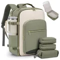 Detailed view of the olive green travel backpack set including three storage bags - Four-Piece Set / Light Green and Beige