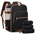 Large travel backpack set with three matching storage pouches and side cup holder - Four-Piece Set / Black Brown
