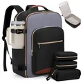 Large travel backpack set including three organizer pouches and side bottle pocket - Four-Piece Set / Black Gray & Brown