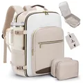 Macro view of a travel backpack set including packing cubes and shoe bag accessory pouches - Four-Piece Set / Light Khaki & White