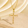 Elegante vergoldete Kreuzhalskette mit funkelnden weißen Zirkonsteinen auf Steinpodest - Wassertropfen- und runder Zirkonia-Stil (C00022) / 18K-Gold / Gold