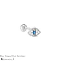 Close-up of Evil Eye stud earring with blue crystal and white rhinestones in white gold finish. - Blue Rhinestone (Silver Tone)