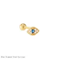 Detailed view of a gold Evil Eye stud earring with pavé white zircons and blue center stone. - Blue Rhinestone (Gold Tone)