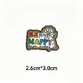 Detailed macro view of colorful 'BE HAPPY' enamel pin badge with 2.6cm x 3.0cm size - Be Happy From Today On