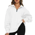 Detail of white women's half zip long sleeve sweatshirt with oversized fit. - White