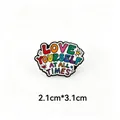 Detail view of colorful LOVE YOURSELF enamel pin showing dimensions of 2.1cm x 3.1cm - Love Yourself At All Times