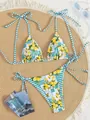 Stylish two-piece bikini set with vibrant lemon print and green striped straps for summer - S / Top And Bottom / Verdant