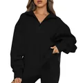 Close-up detail of black half-zip pullover sweatshirt for women's casual wear - S / Tops / Black