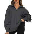 Detail of women's grey half-zip long sleeve sweatshirt with ribbed cuffs and loose fit - S / Tops / Dark Gray